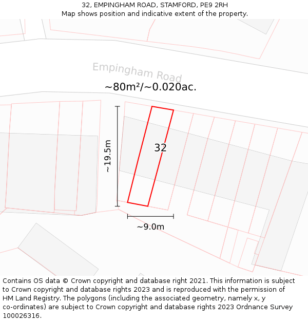32, EMPINGHAM ROAD, STAMFORD, PE9 2RH: Plot and title map
