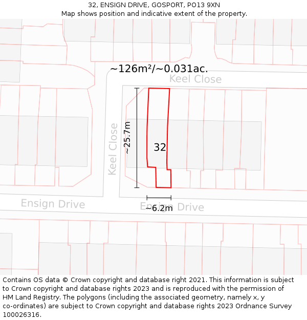 32, ENSIGN DRIVE, GOSPORT, PO13 9XN: Plot and title map