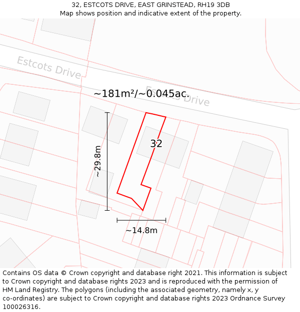 32, ESTCOTS DRIVE, EAST GRINSTEAD, RH19 3DB: Plot and title map