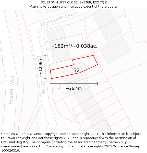 32, ETONHURST CLOSE, EXETER, EX2 7QZ: Plot and title map