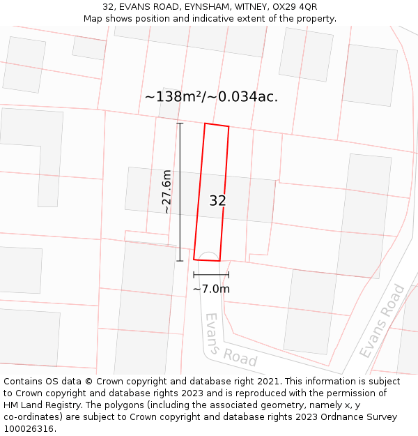 32, EVANS ROAD, EYNSHAM, WITNEY, OX29 4QR: Plot and title map