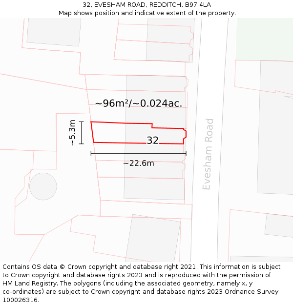 32, EVESHAM ROAD, REDDITCH, B97 4LA: Plot and title map