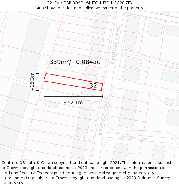 32, EVINGAR ROAD, WHITCHURCH, RG28 7EY: Plot and title map