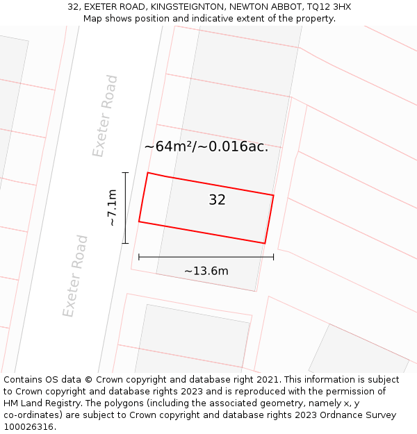 32, EXETER ROAD, KINGSTEIGNTON, NEWTON ABBOT, TQ12 3HX: Plot and title map