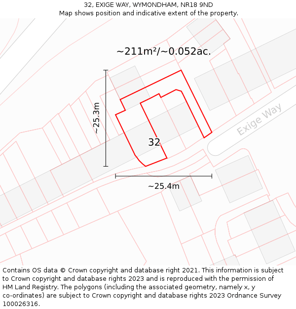32, EXIGE WAY, WYMONDHAM, NR18 9ND: Plot and title map