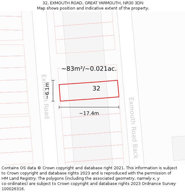 32, EXMOUTH ROAD, GREAT YARMOUTH, NR30 3DN: Plot and title map