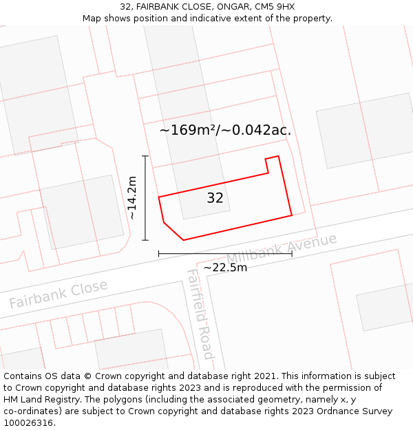 32, FAIRBANK CLOSE, ONGAR, CM5 9HX: Plot and title map