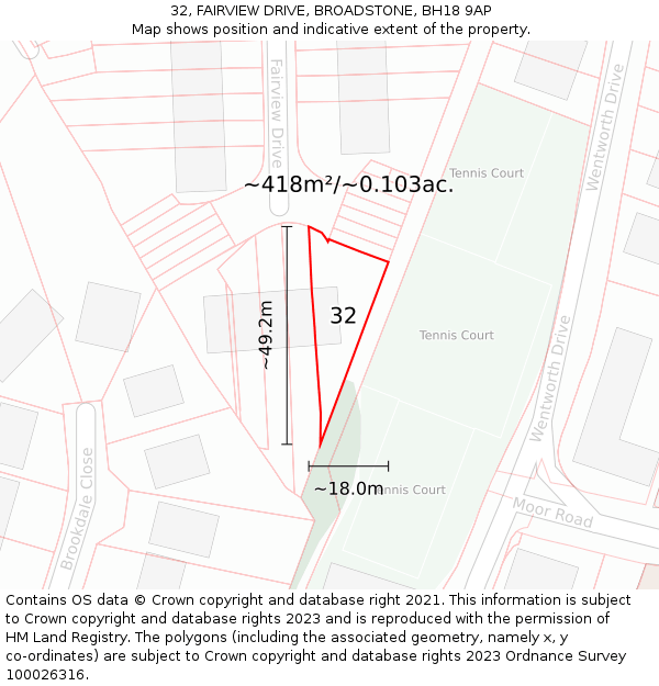 32, FAIRVIEW DRIVE, BROADSTONE, BH18 9AP: Plot and title map
