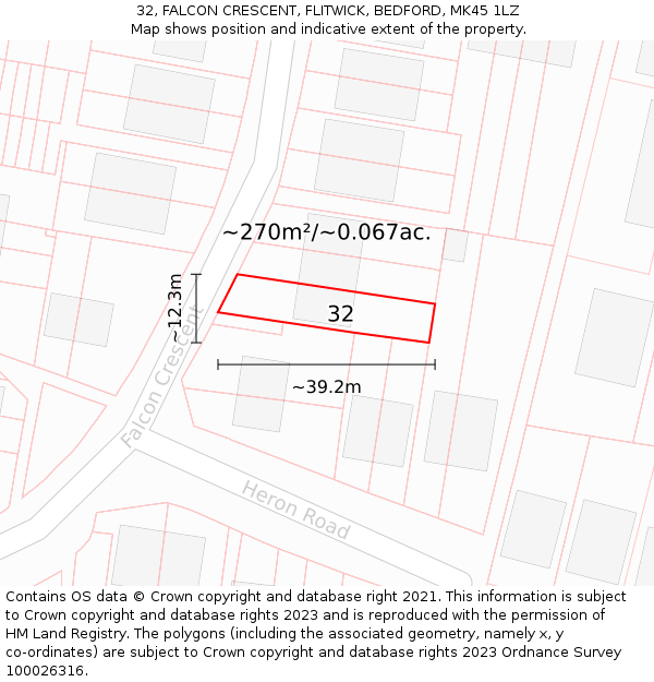32, FALCON CRESCENT, FLITWICK, BEDFORD, MK45 1LZ: Plot and title map