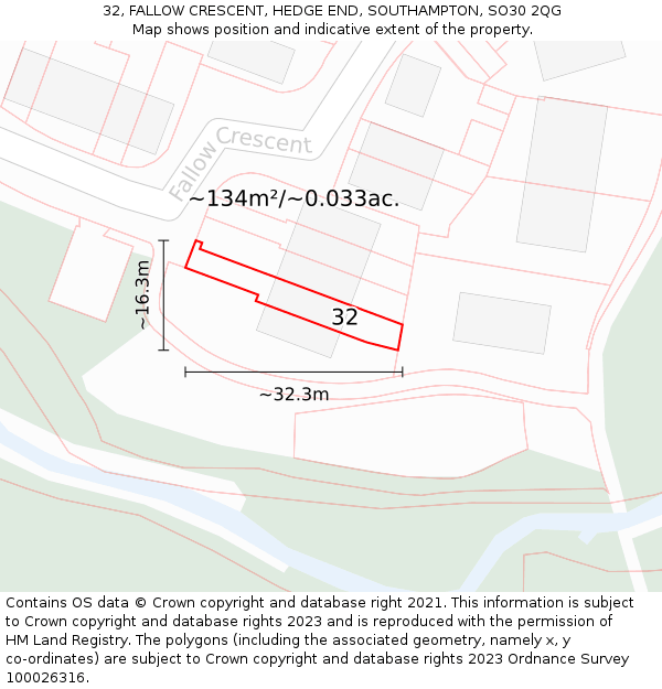 32, FALLOW CRESCENT, HEDGE END, SOUTHAMPTON, SO30 2QG: Plot and title map