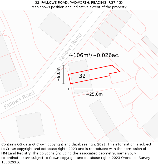 32, FALLOWS ROAD, PADWORTH, READING, RG7 4GX: Plot and title map