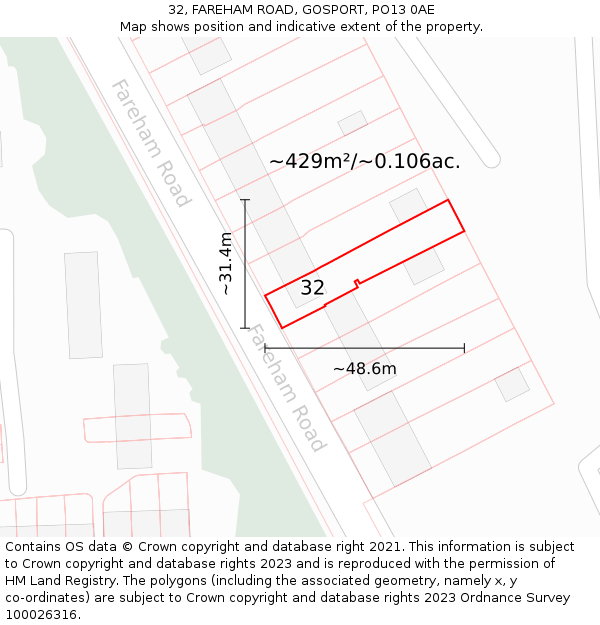 32, FAREHAM ROAD, GOSPORT, PO13 0AE: Plot and title map