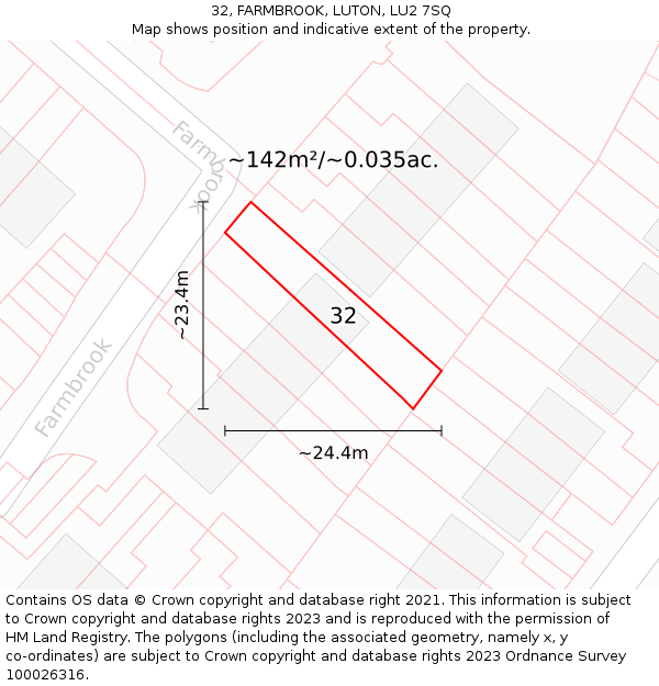 32, FARMBROOK, LUTON, LU2 7SQ: Plot and title map