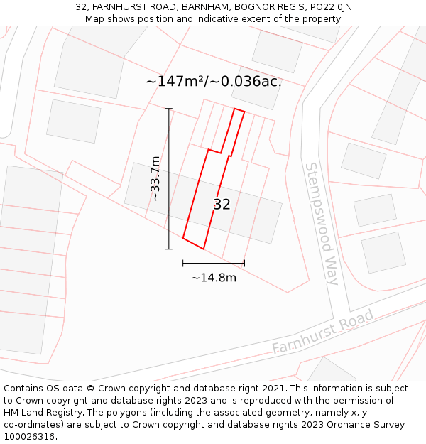 32, FARNHURST ROAD, BARNHAM, BOGNOR REGIS, PO22 0JN: Plot and title map
