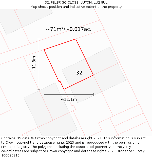 32, FELBRIGG CLOSE, LUTON, LU2 8UL: Plot and title map