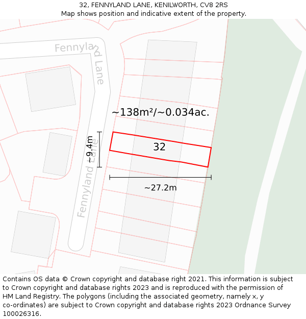 32, FENNYLAND LANE, KENILWORTH, CV8 2RS: Plot and title map