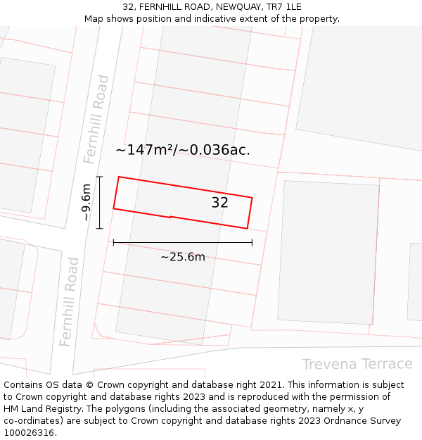 32, FERNHILL ROAD, NEWQUAY, TR7 1LE: Plot and title map