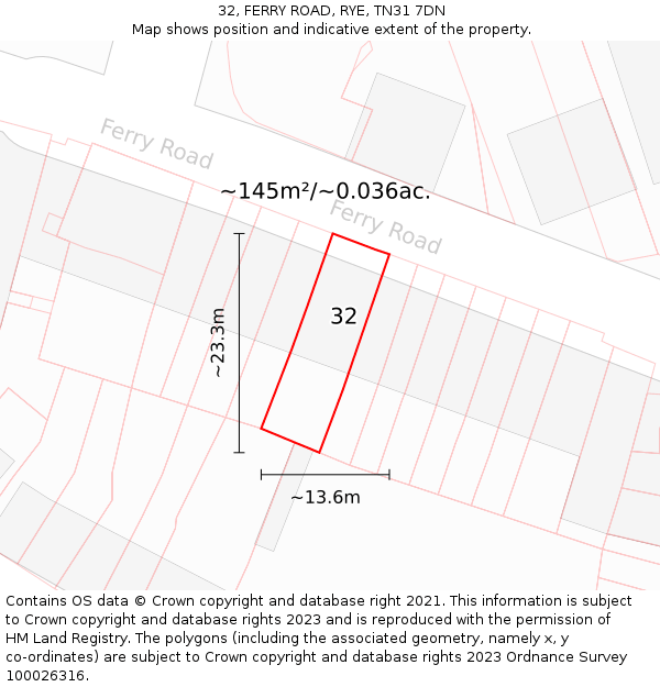 32, FERRY ROAD, RYE, TN31 7DN: Plot and title map