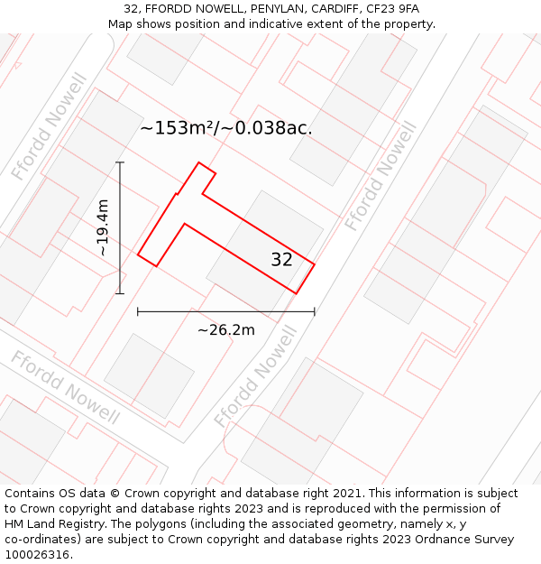 32, FFORDD NOWELL, PENYLAN, CARDIFF, CF23 9FA: Plot and title map
