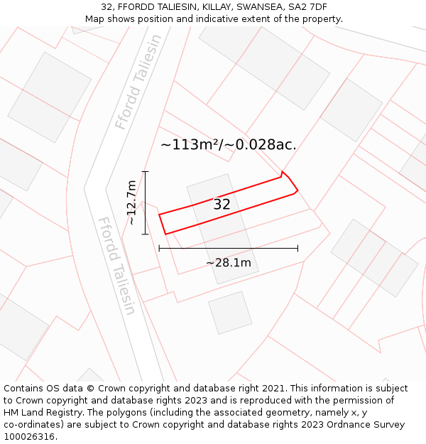 32, FFORDD TALIESIN, KILLAY, SWANSEA, SA2 7DF: Plot and title map