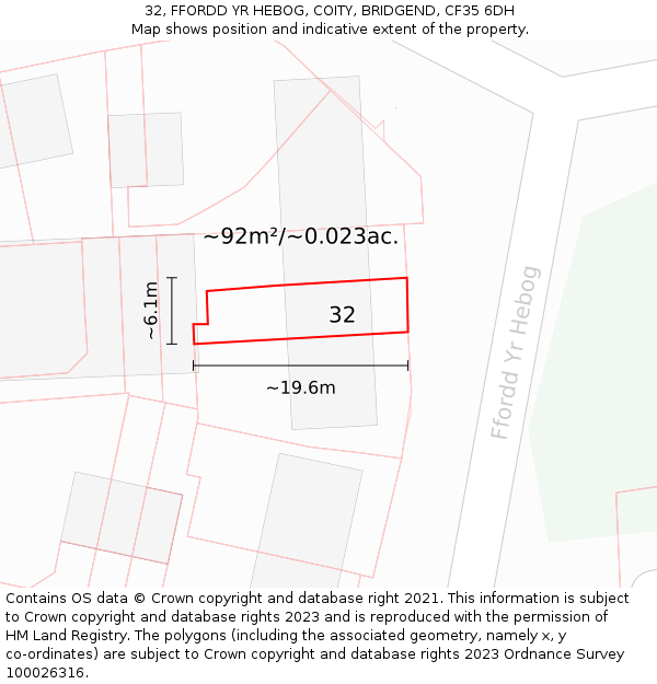32, FFORDD YR HEBOG, COITY, BRIDGEND, CF35 6DH: Plot and title map