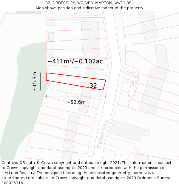 32, FIBBERSLEY, WOLVERHAMPTON, WV11 3SU: Plot and title map