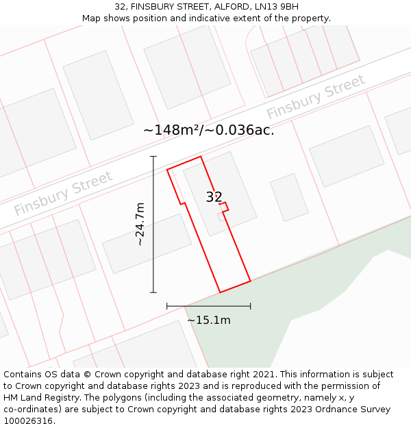 32, FINSBURY STREET, ALFORD, LN13 9BH: Plot and title map