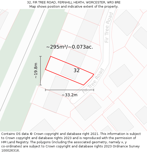 32, FIR TREE ROAD, FERNHILL HEATH, WORCESTER, WR3 8RE: Plot and title map