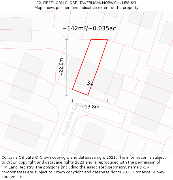 32, FIRETHORN CLOSE, TAVERHAM, NORWICH, NR8 6YL: Plot and title map