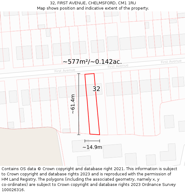 32, FIRST AVENUE, CHELMSFORD, CM1 1RU: Plot and title map