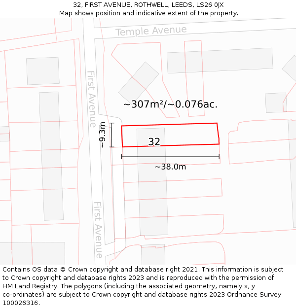 32, FIRST AVENUE, ROTHWELL, LEEDS, LS26 0JX: Plot and title map