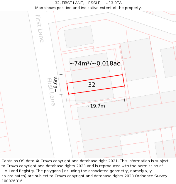 32, FIRST LANE, HESSLE, HU13 9EA: Plot and title map
