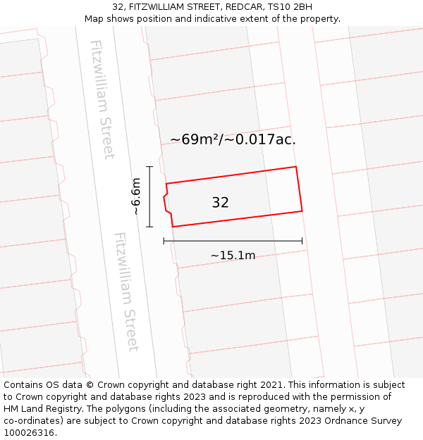 32, FITZWILLIAM STREET, REDCAR, TS10 2BH: Plot and title map