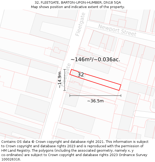 32, FLEETGATE, BARTON-UPON-HUMBER, DN18 5QA: Plot and title map