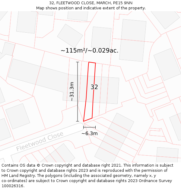 32, FLEETWOOD CLOSE, MARCH, PE15 9NN: Plot and title map