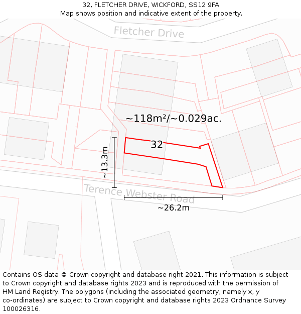 32, FLETCHER DRIVE, WICKFORD, SS12 9FA: Plot and title map