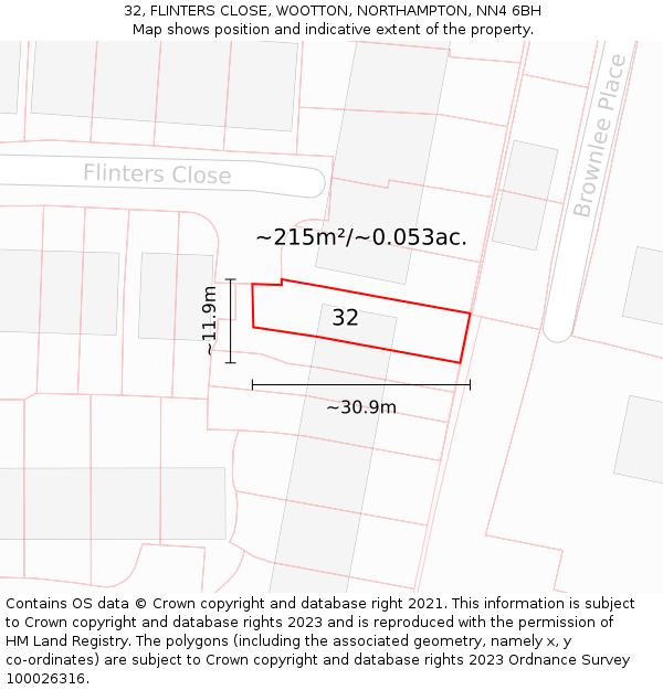 32, FLINTERS CLOSE, WOOTTON, NORTHAMPTON, NN4 6BH: Plot and title map
