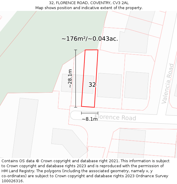 32, FLORENCE ROAD, COVENTRY, CV3 2AL: Plot and title map