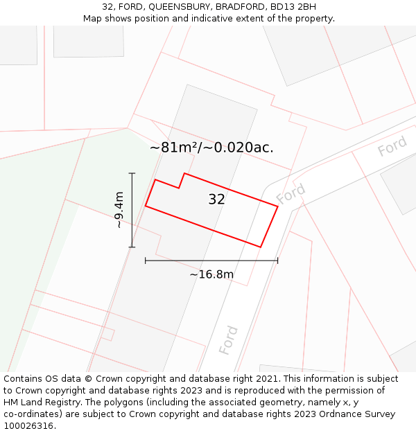 32, FORD, QUEENSBURY, BRADFORD, BD13 2BH: Plot and title map