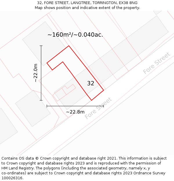 32, FORE STREET, LANGTREE, TORRINGTON, EX38 8NG: Plot and title map