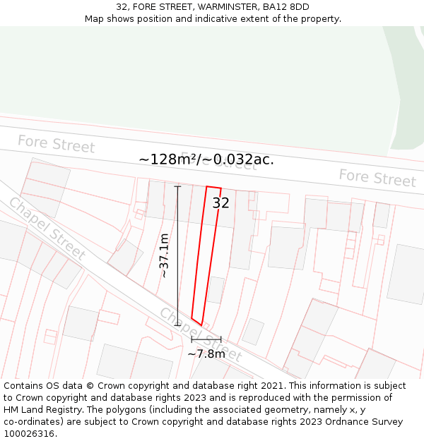 32, FORE STREET, WARMINSTER, BA12 8DD: Plot and title map