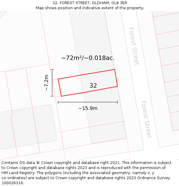 32, FOREST STREET, OLDHAM, OL8 3ER: Plot and title map