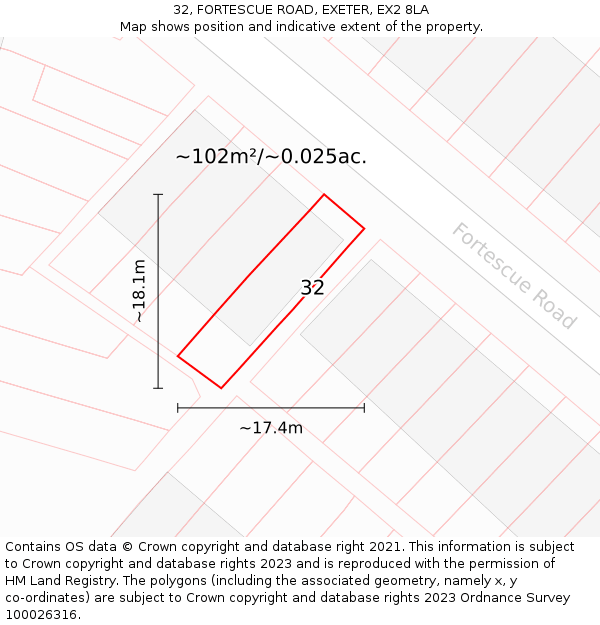 32, FORTESCUE ROAD, EXETER, EX2 8LA: Plot and title map