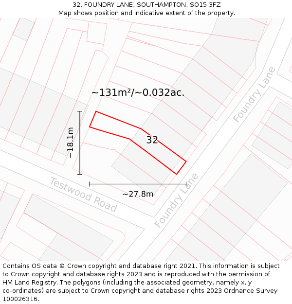 32, FOUNDRY LANE, SOUTHAMPTON, SO15 3FZ: Plot and title map