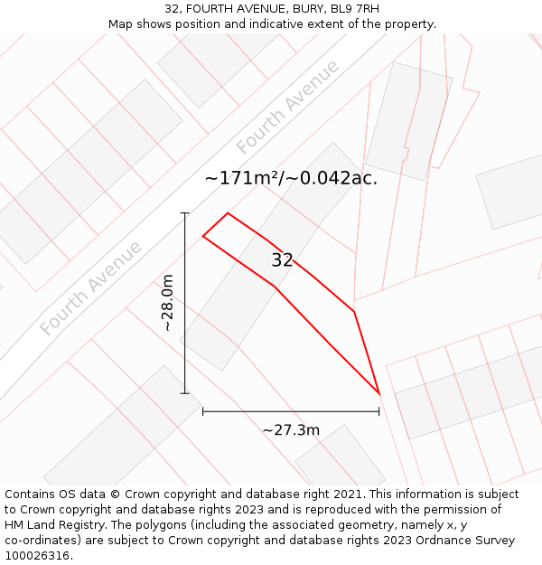 32, FOURTH AVENUE, BURY, BL9 7RH: Plot and title map