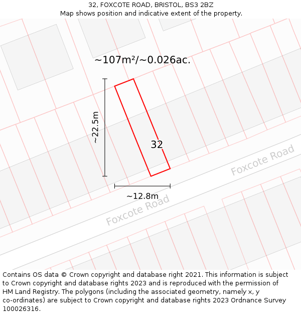 32, FOXCOTE ROAD, BRISTOL, BS3 2BZ: Plot and title map
