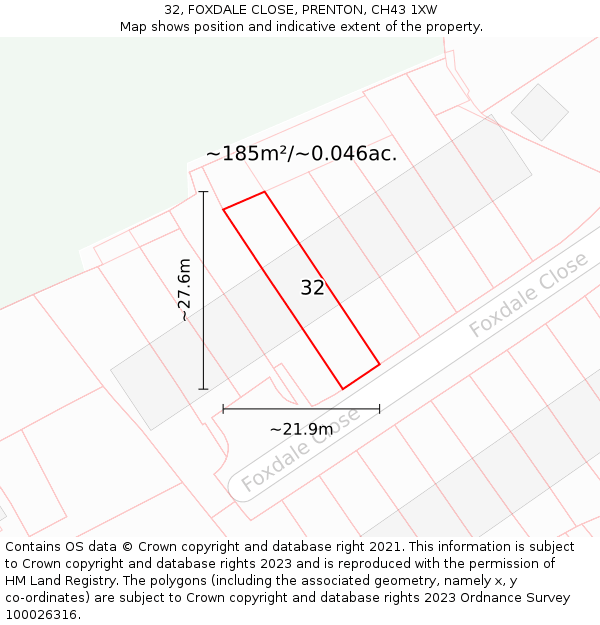 32, FOXDALE CLOSE, PRENTON, CH43 1XW: Plot and title map