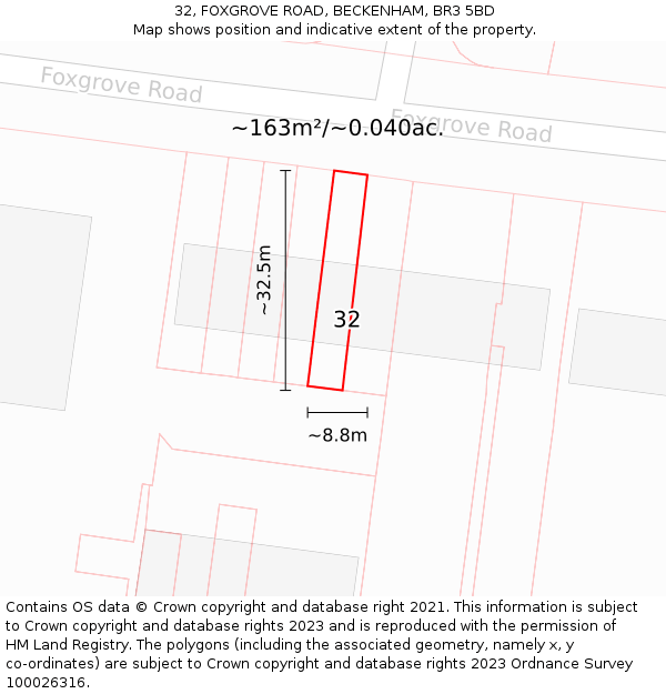 32, FOXGROVE ROAD, BECKENHAM, BR3 5BD: Plot and title map