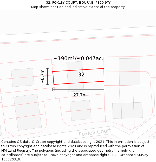 32, FOXLEY COURT, BOURNE, PE10 9TY: Plot and title map
