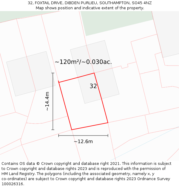 32, FOXTAIL DRIVE, DIBDEN PURLIEU, SOUTHAMPTON, SO45 4NZ: Plot and title map